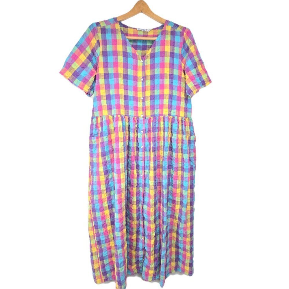 Vintage Dream & Co. Colorful Plaid Pearl Snap Cottagecore Grandma Housedress USA